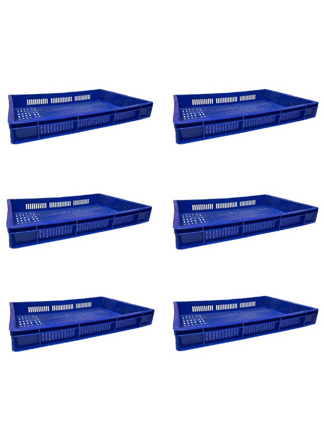 6pcs of Plastic Storage Crate 600x400x80mm Stackable Food Grade Ventilated Catering Crate Heavy Duty - Blue
